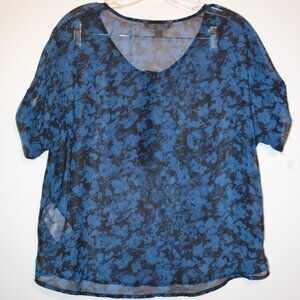 BANANA REPUBLIC Polyester Blue Black Floral Prints Buttons See-Through Blouse S